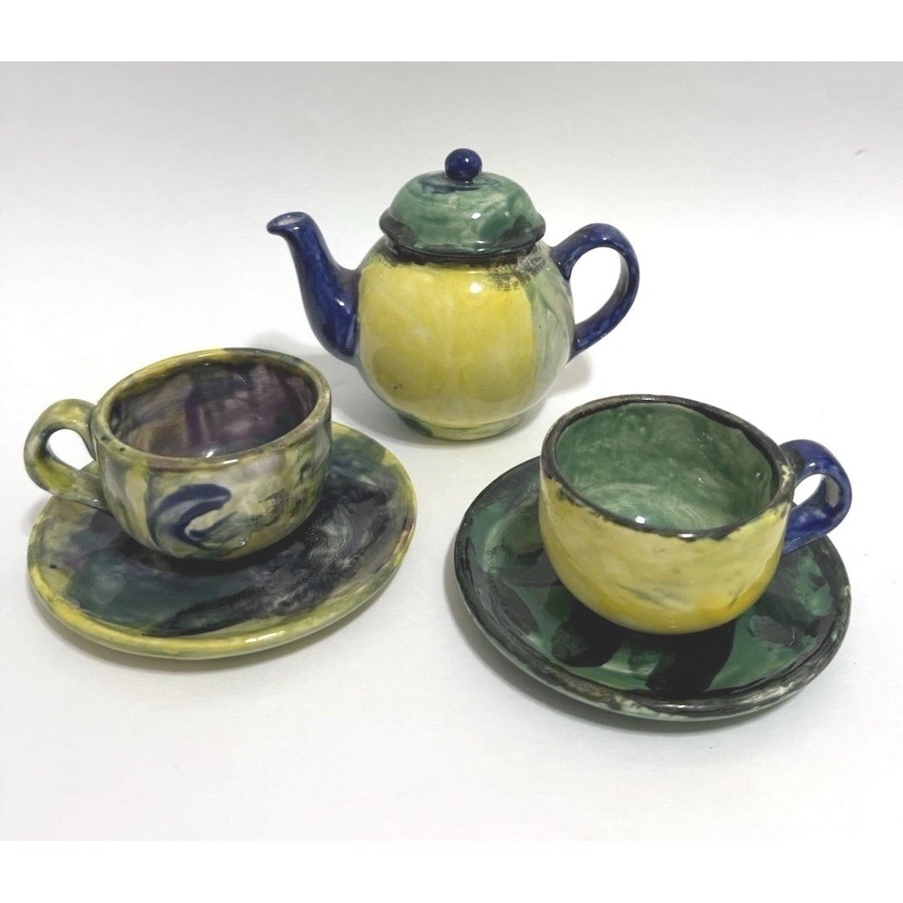 Handmade Miniature Studio Pottery Tea Set Signed Chloe & Julian Xmas 2001